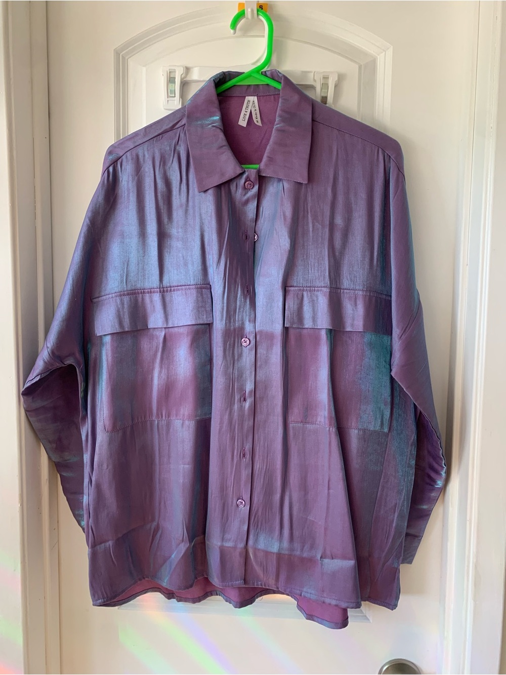 Relaxed Silk-Blend Oversized Shirt Jacket in Iridescent Purple